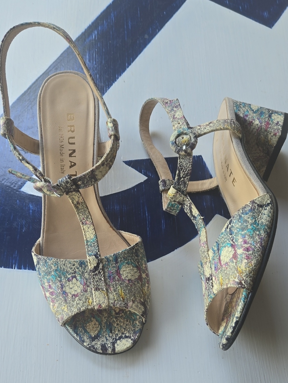 Brunate Italian Leather Blue, Purple, Gray, Cream Snakeskin Block Heel Sandal